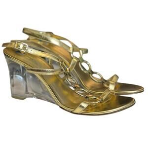 NWT Dani Black Clear Wedge Gold Sandal Heels - 8.5
